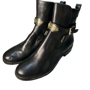 Michael Kors Black Leather Ankle Boots with Gold Accents